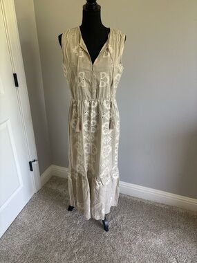 Beige Embroidered Sleeveless Maxi Dress